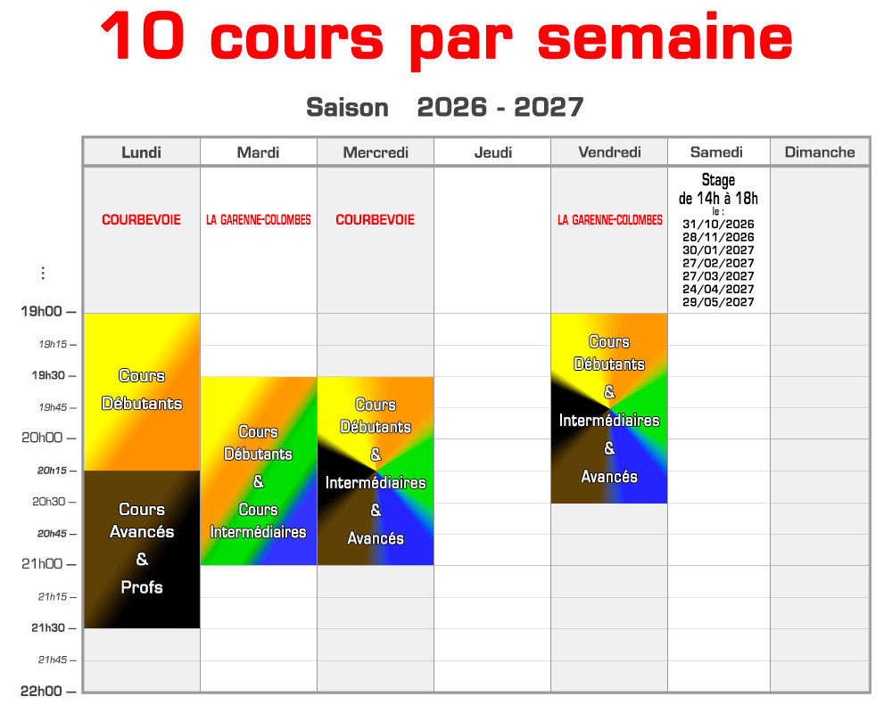 Planning des cours de krav Maga AKMD - Saison 2026/2027