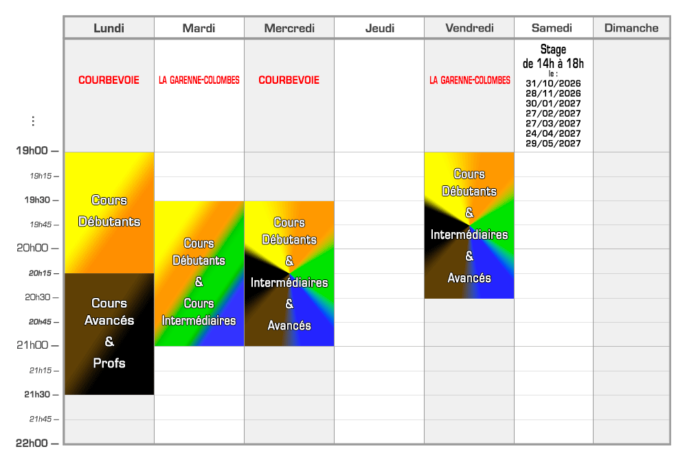 Planning des cours de krav maga AKMD - Saison 2026/2027